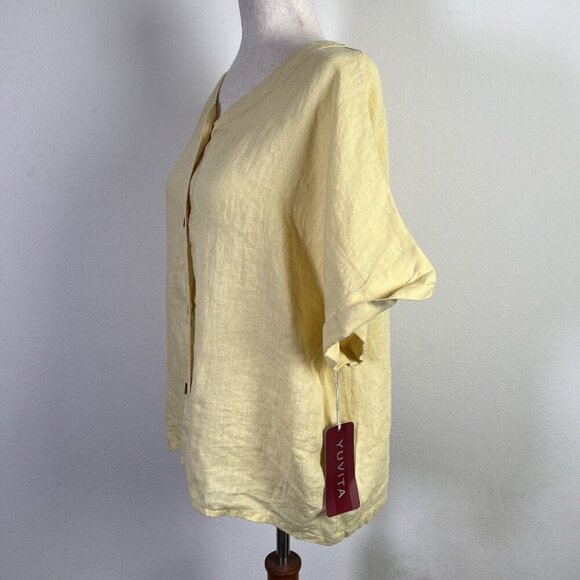 Yuvita NWT 100% Linen Top Yellow Women's Large Boho Button Front Short Sleeve - Picture 4 of 11